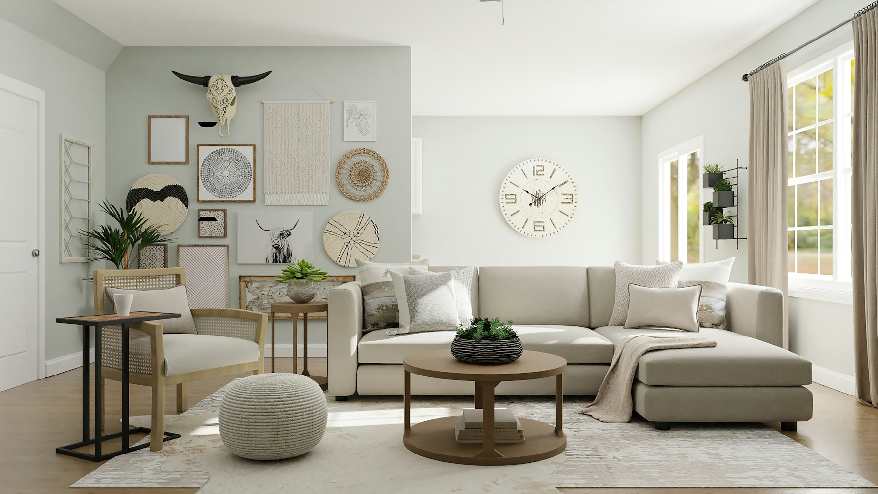 A light-filled living room with a sofa, lounge chair and coffee table